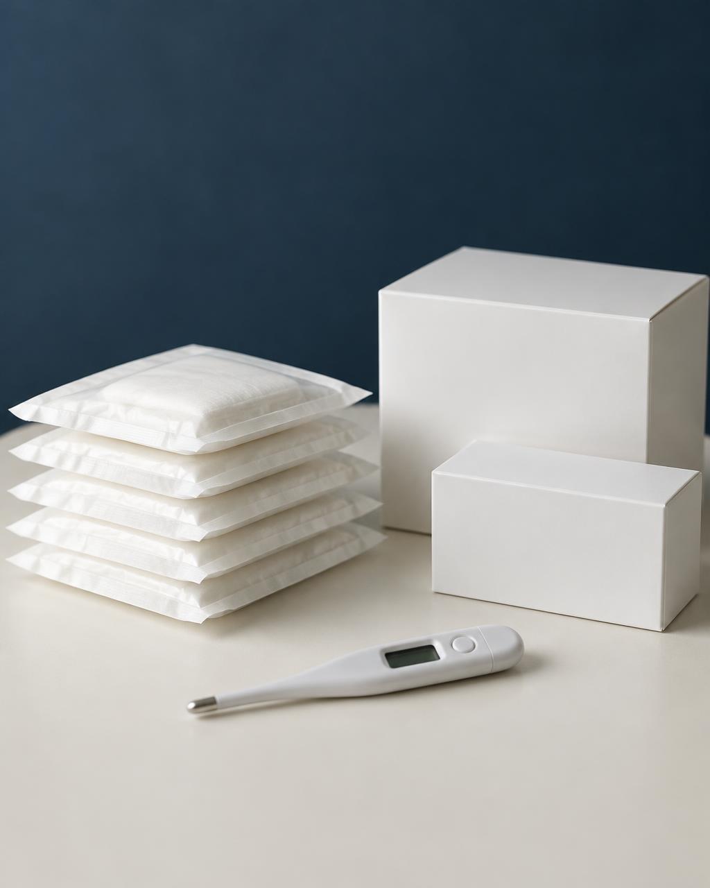 Sealed gauze packets and a digital thermometer